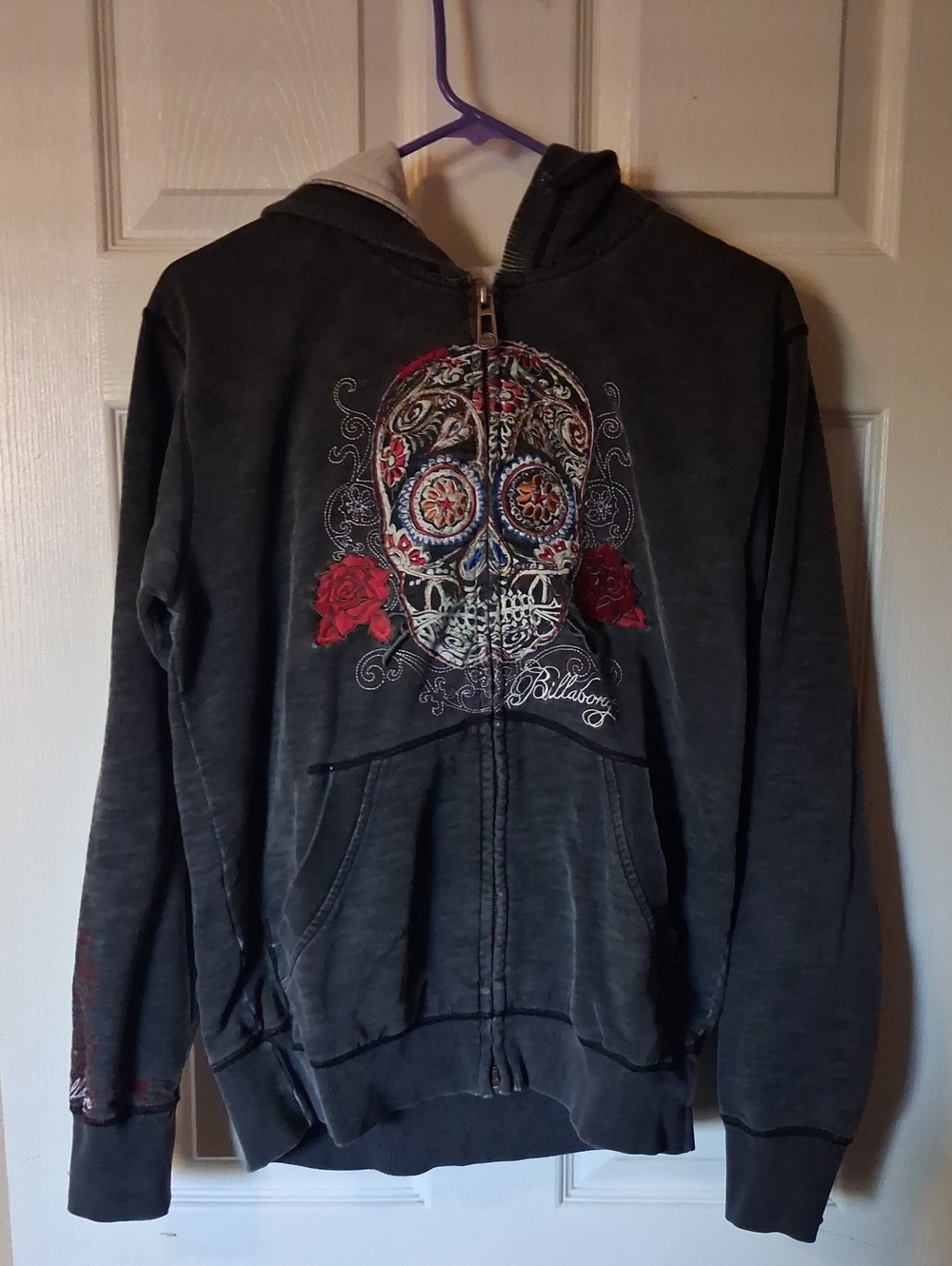 Billabong Men's Charcoal Zip-Up Hoodie with Red Rose Skull Embroidery